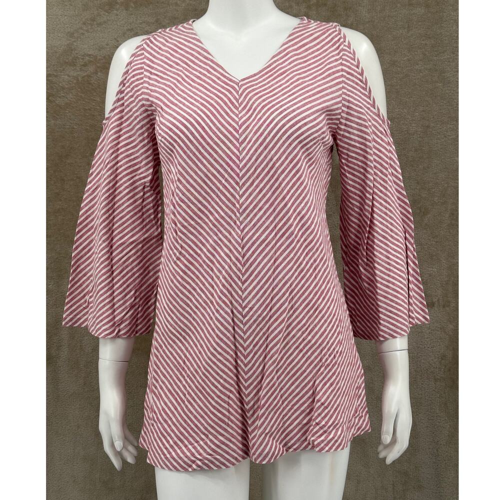 Soft Surroundings Top Women XS Red White Stripe Cold Shoulder Tunic Linen Beachy